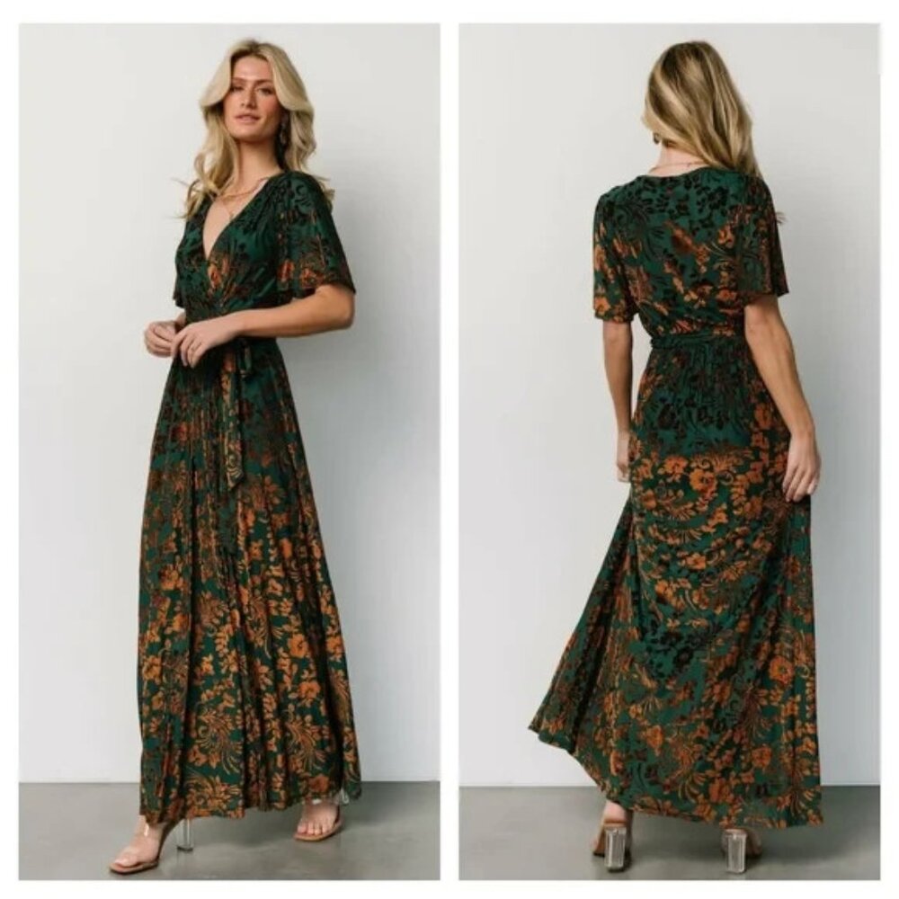 Elegant Green and Rust Floral Maxi Dress - Women's Wrap Style